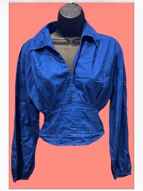 NWT Circus, Royal Blue Long-Sleeve Button-Down Waist-Defined Blouse